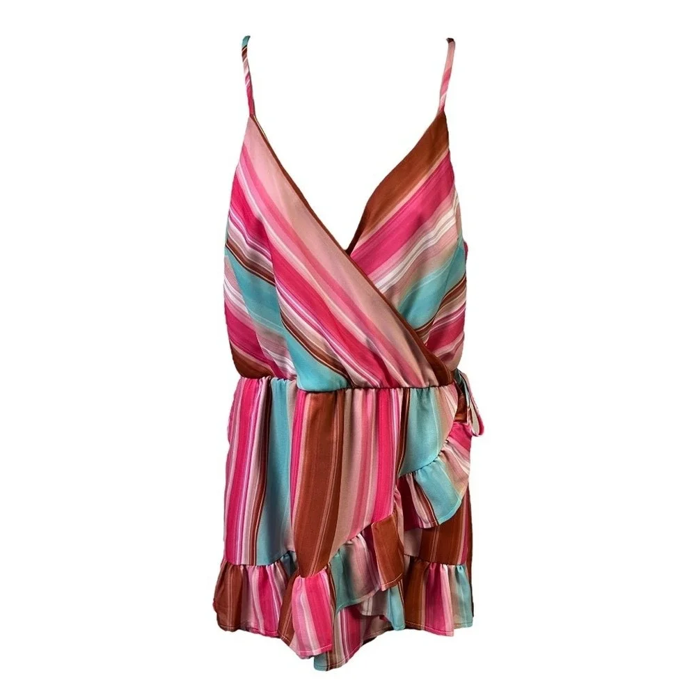 Peach Love California Romper M Multicolor Stripe‎ Surplice Neck Stretch Playful - Picture 2 of 9